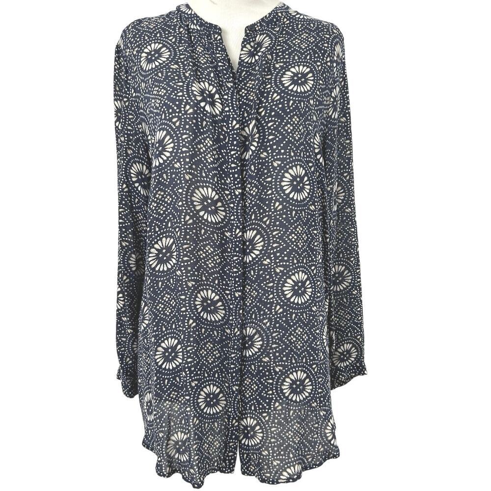 Lucky Brand Navy Floral Medallion Boho Tunic Top Long Sleeve Rayon Medium - Picture 1 of 8